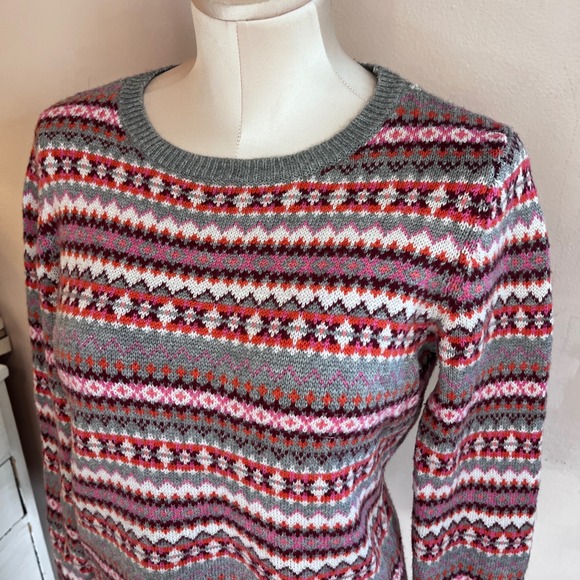Talbots Nordic Fair Isle Lambswool Blend Pullover Sweater Grey Pink Red MP Y2K - Picture 2 of 11